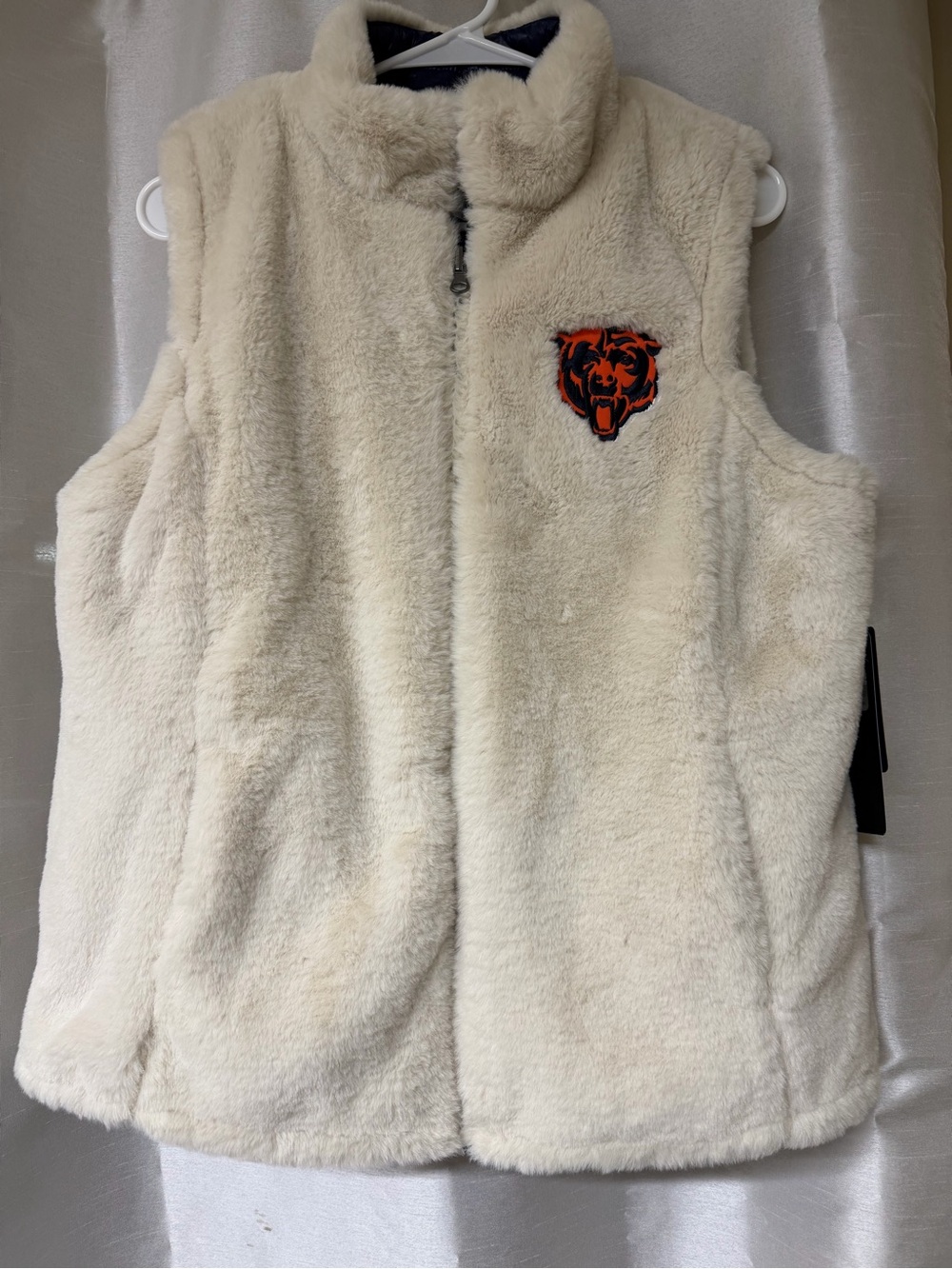 NWT Women’s Cream Faux Fur Reversible Vest with Orange Bear Patch